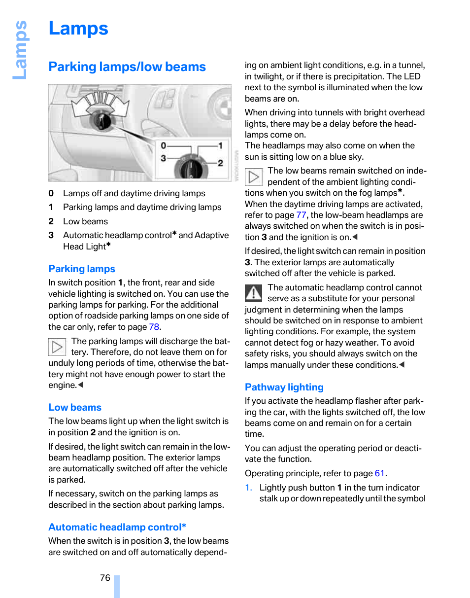 Lamps, Parking lamps/low beams, La mp s | BMW 325i Sedan 2006 User Manual | Page 78 / 166