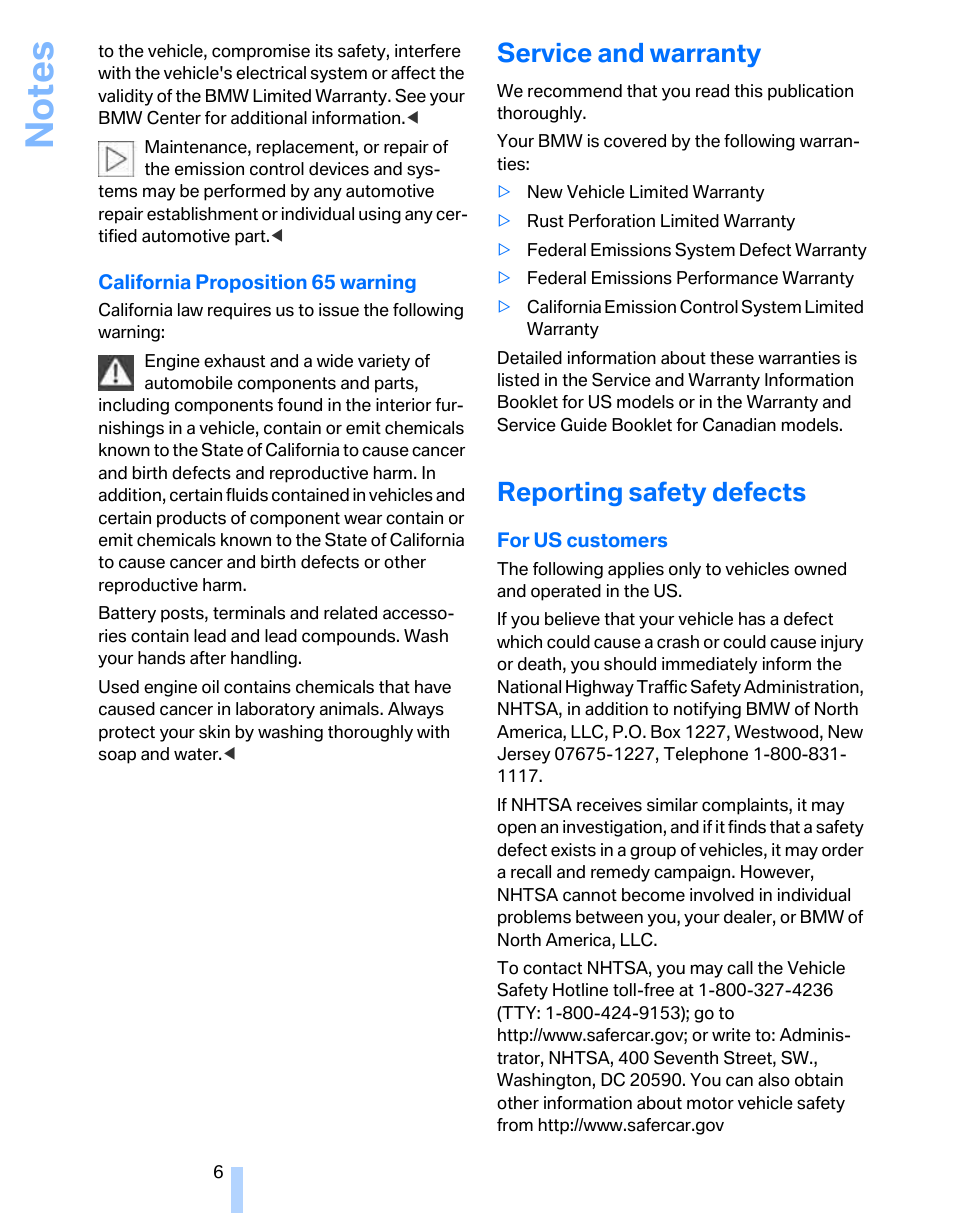 Service and warranty, Reporting safety defects | BMW 325i Sedan 2006 User Manual | Page 8 / 166