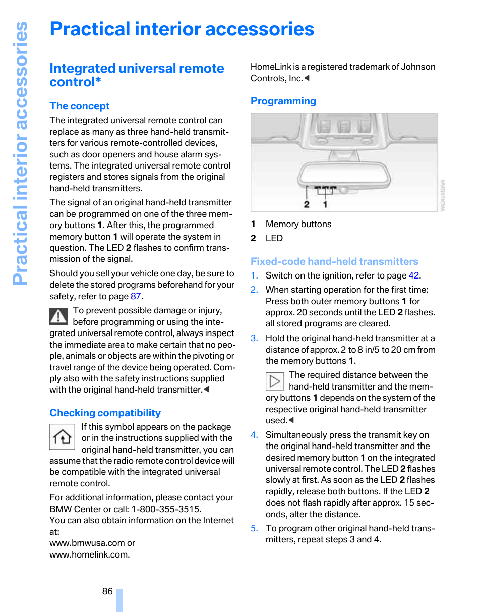 Practical interior accessories, Integrated universal remote control | BMW 325i Sedan 2006 User Manual | Page 88 / 166