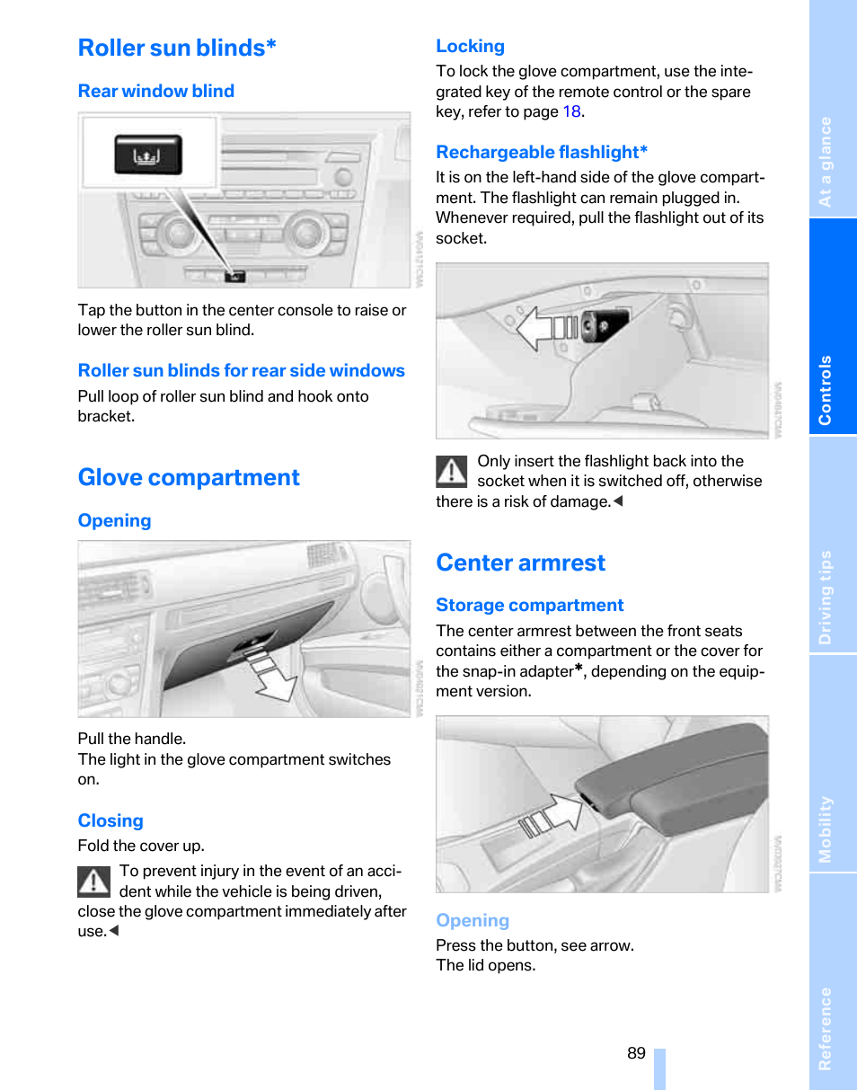 Roller sun blinds, Glove compartment, Center armrest | BMW 325i Sedan 2006 User Manual | Page 91 / 166