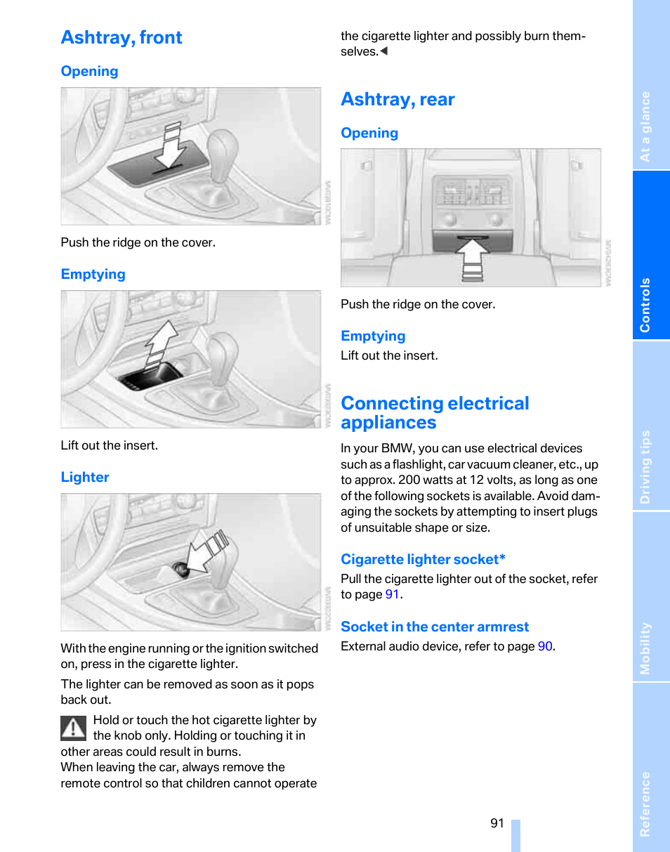 Ashtray, front, Ashtray, rear, Connecting electrical appliances | BMW 325i Sedan 2006 User Manual | Page 93 / 166