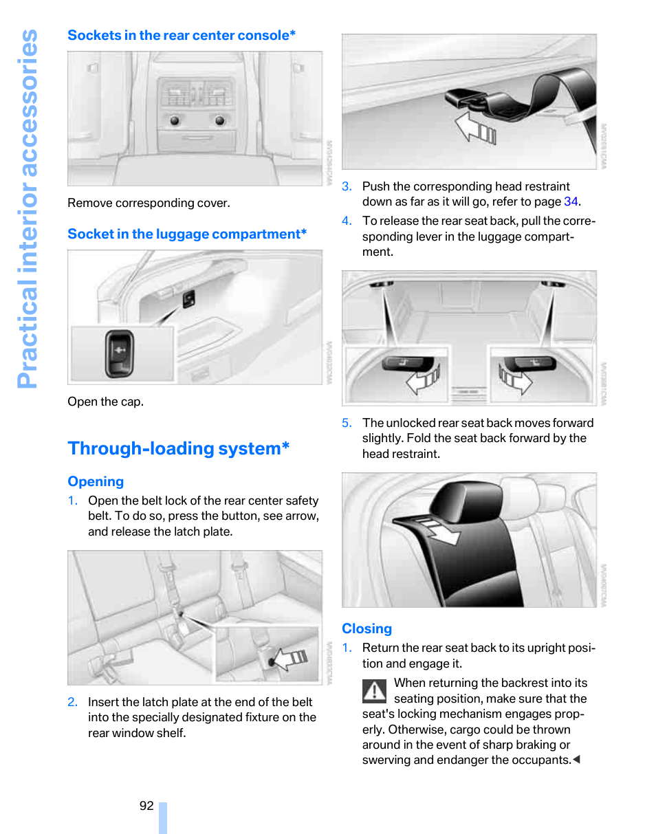 Through-loading system, Practical interior accessories | BMW 325i Sedan 2006 User Manual | Page 94 / 166