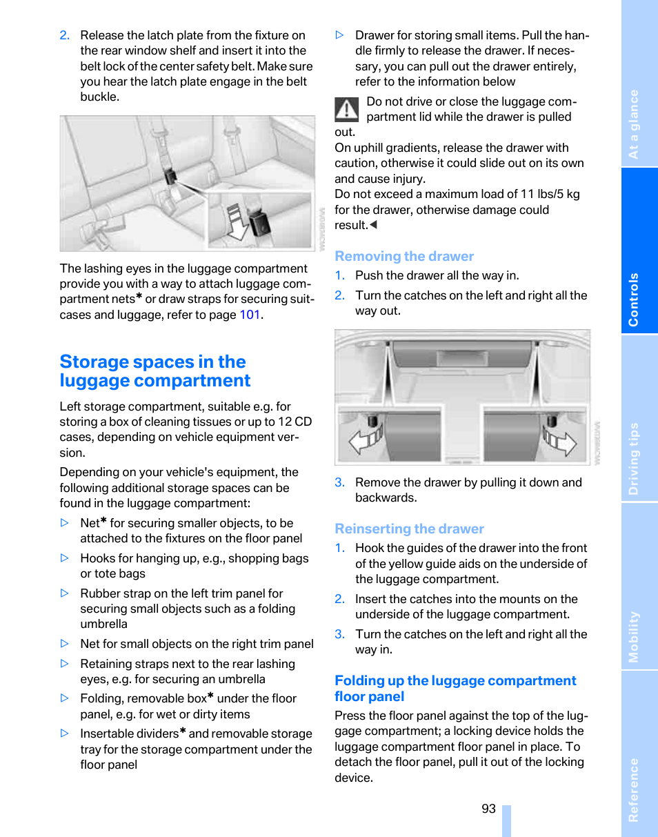 Storage spaces in the luggage compartment | BMW 325i Sedan 2006 User Manual | Page 95 / 166