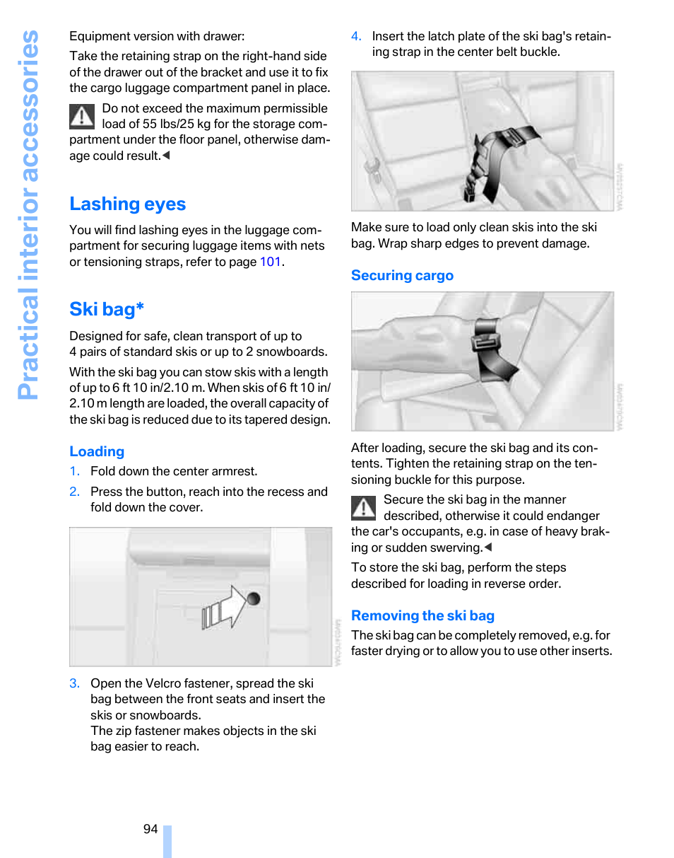 Lashing eyes, Ski bag, Practical interior accessories | BMW 325i Sedan 2006 User Manual | Page 96 / 166