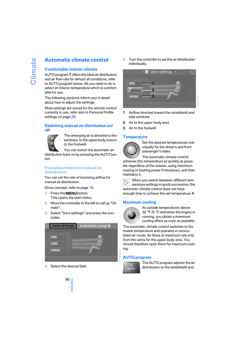 Automatic climate control, Windshield, Distribution to the footwell | Maximum cooling, Climate | BMW 325xi Sedan 2006 User Manual | Page 100 / 245