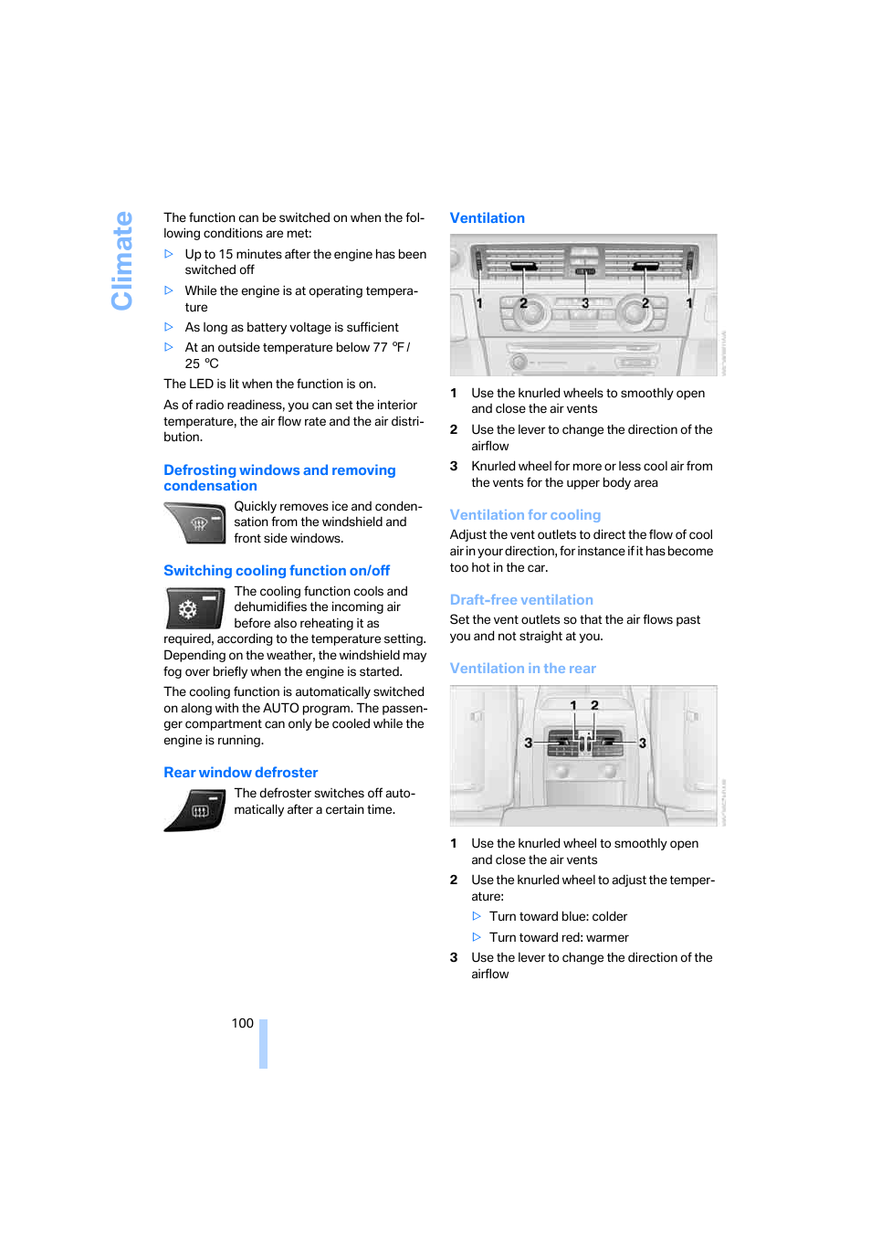 Ling function, Frosting windows, Climate | BMW 325xi Sedan 2006 User Manual | Page 102 / 245