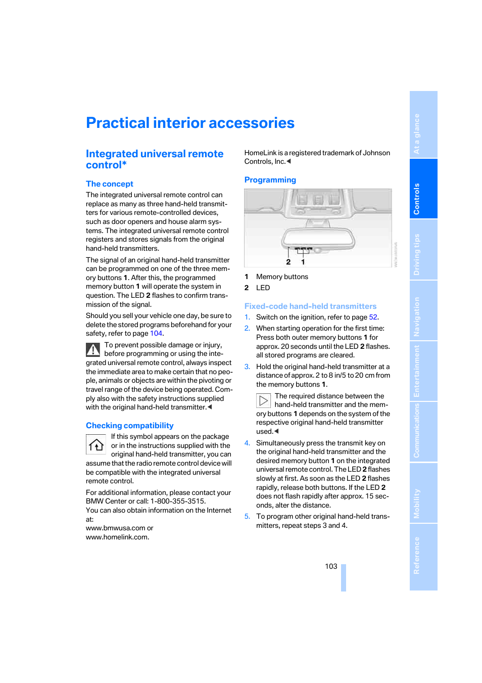 Practical interior accessories, Integrated universal remote control | BMW 325xi Sedan 2006 User Manual | Page 105 / 245