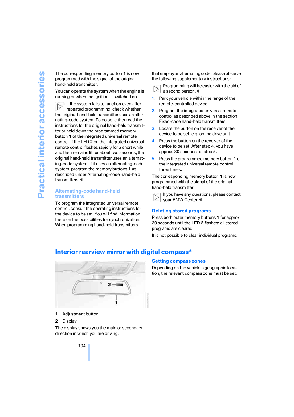 Interior rearview mirror with digital compass, Practical interior accessories | BMW 325xi Sedan 2006 User Manual | Page 106 / 245