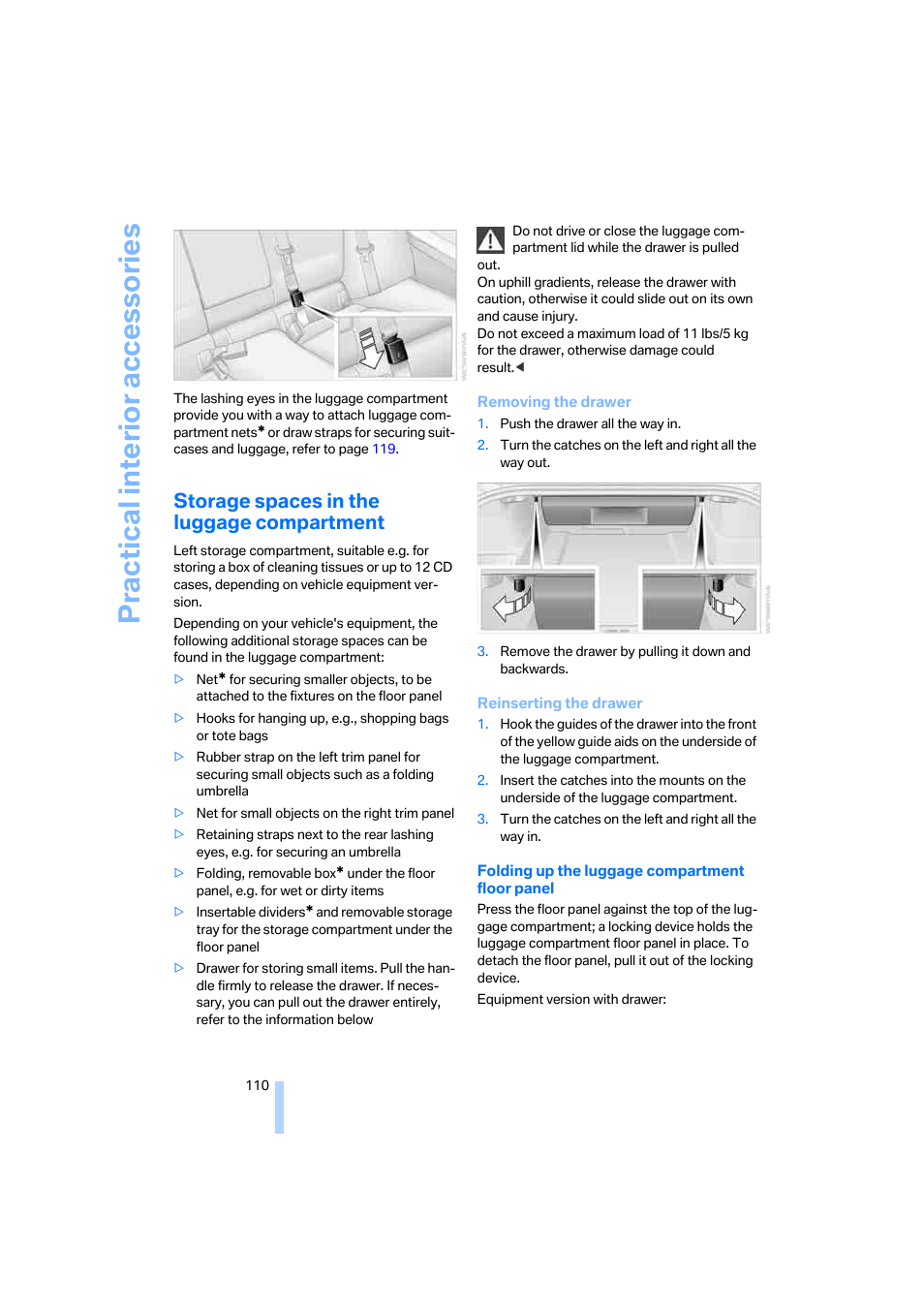 Storage spaces in the luggage compartment, Practical interior accessories | BMW 325xi Sedan 2006 User Manual | Page 112 / 245