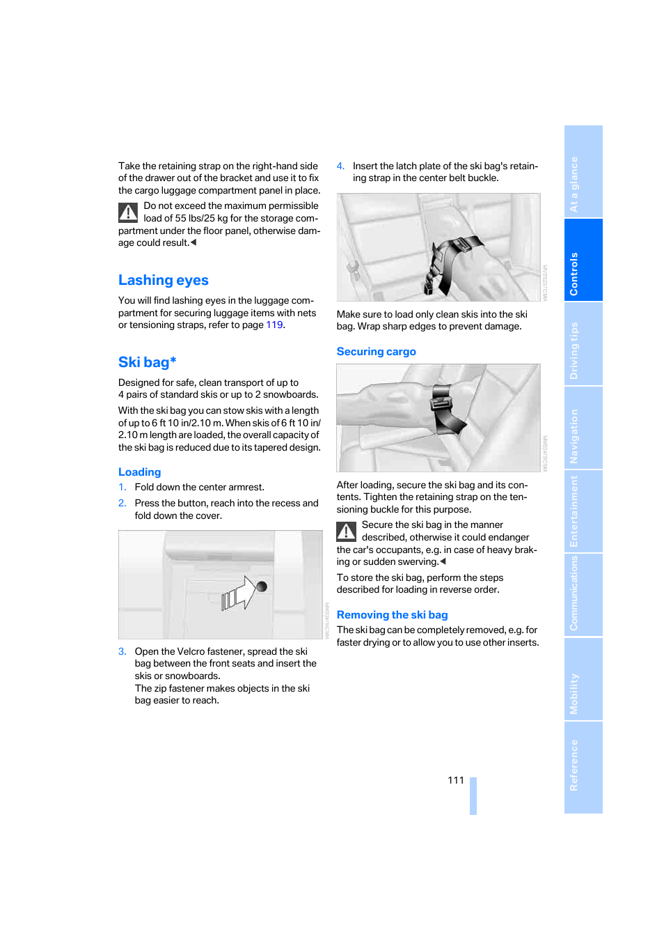 Lashing eyes, Ski bag | BMW 325xi Sedan 2006 User Manual | Page 113 / 245