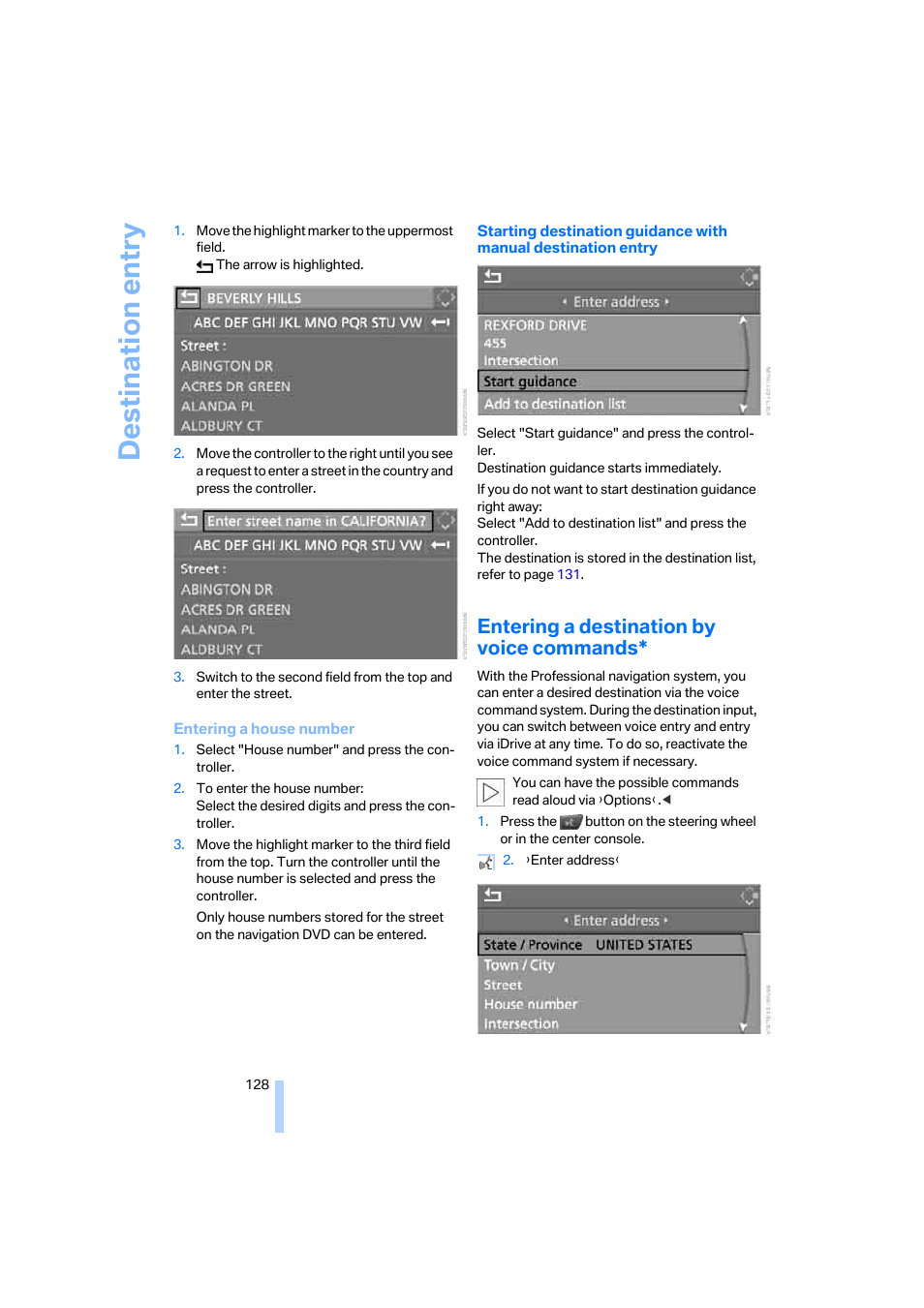 Entering a destination by voice commands, Destination entry | BMW 325xi Sedan 2006 User Manual | Page 130 / 245