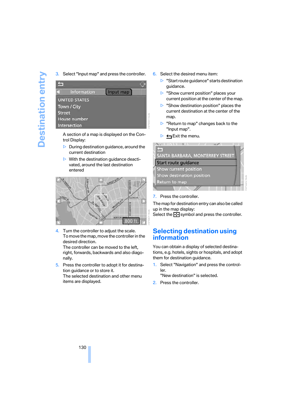 Selecting destination using information, Destination entry | BMW 325xi Sedan 2006 User Manual | Page 132 / 245