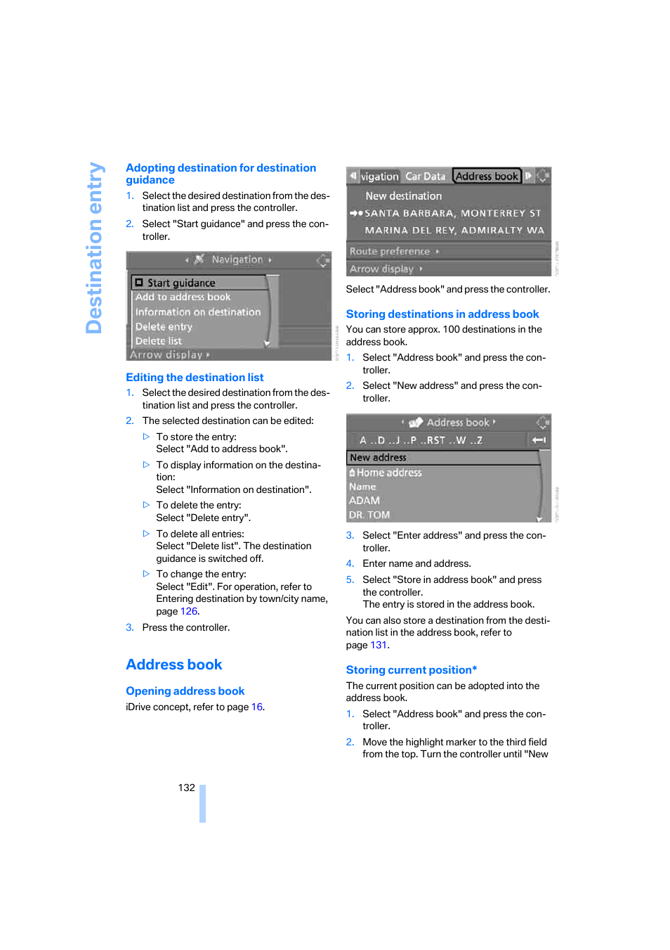 Address book, Destination entry | BMW 325xi Sedan 2006 User Manual | Page 134 / 245