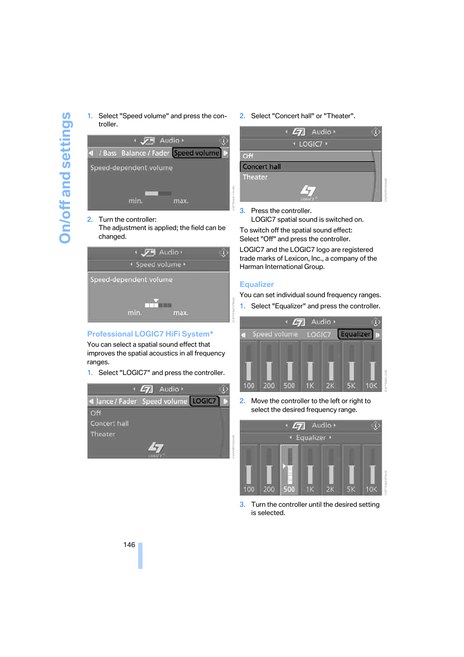 On/off and settings | BMW 325xi Sedan 2006 User Manual | Page 148 / 245