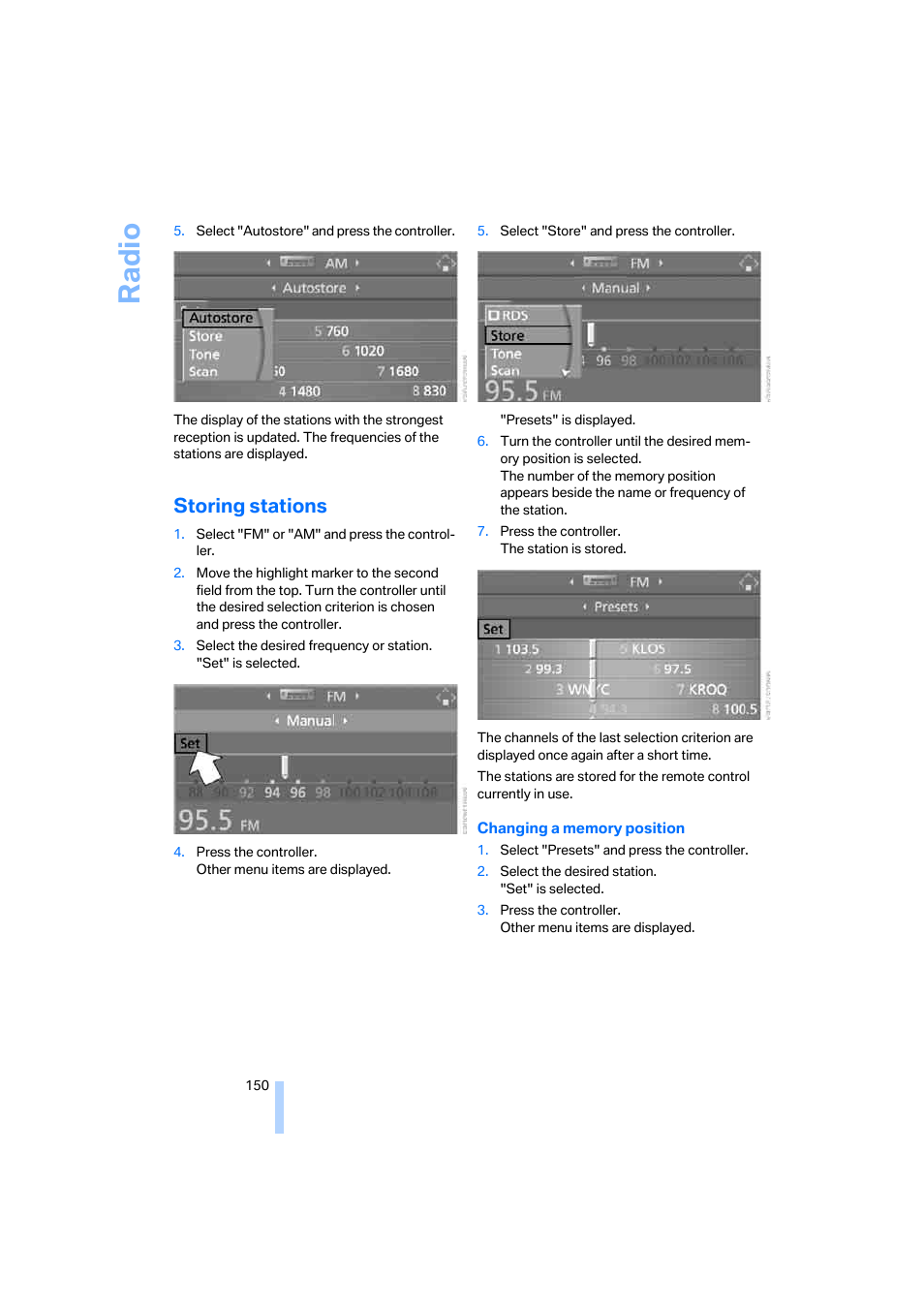 Storing stations, Radi o | BMW 325xi Sedan 2006 User Manual | Page 152 / 245