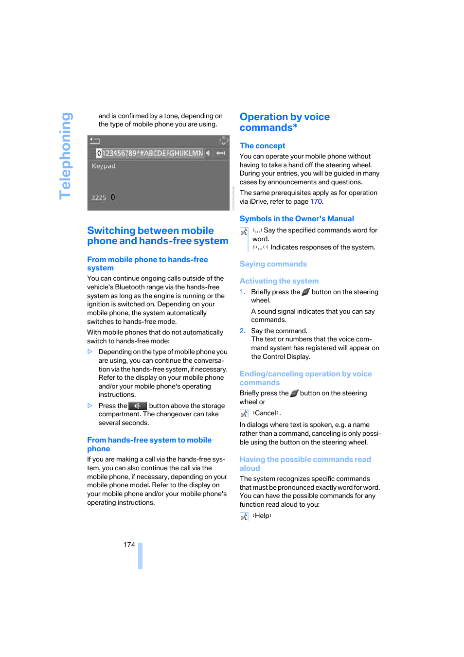 Operation by voice commands, Telephoning | BMW 325xi Sedan 2006 User Manual | Page 176 / 245