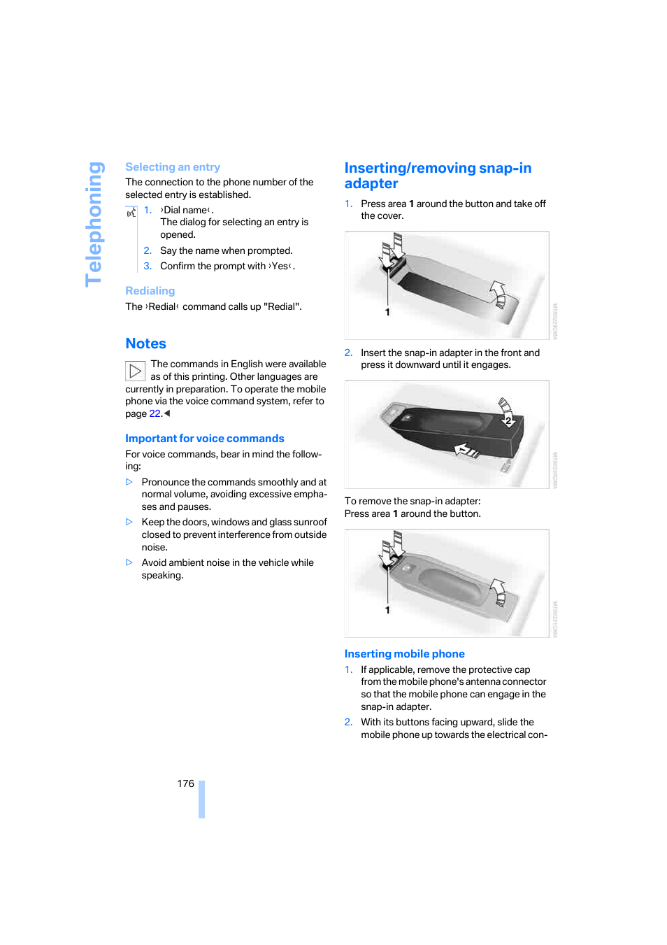 Notes, Inserting/removing snap-in adapter, Telephoning | BMW 325xi Sedan 2006 User Manual | Page 178 / 245