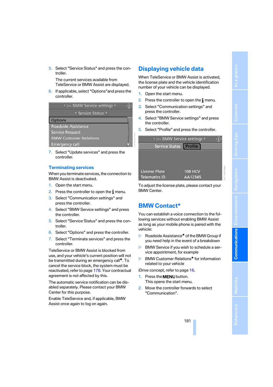 Displaying vehicle data, Bmw contact | BMW 325xi Sedan 2006 User Manual | Page 183 / 245