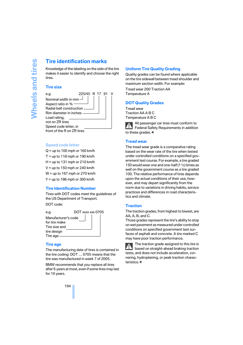 Tire identification marks, Wheels and tires | BMW 325xi Sedan 2006 User Manual | Page 196 / 245