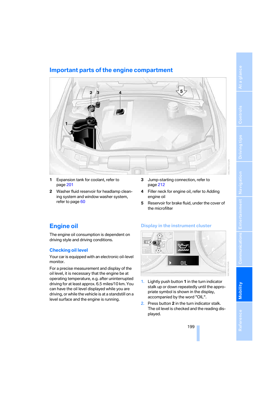 Important parts of the engine compartment, Engine oil | BMW 325xi Sedan 2006 User Manual | Page 201 / 245