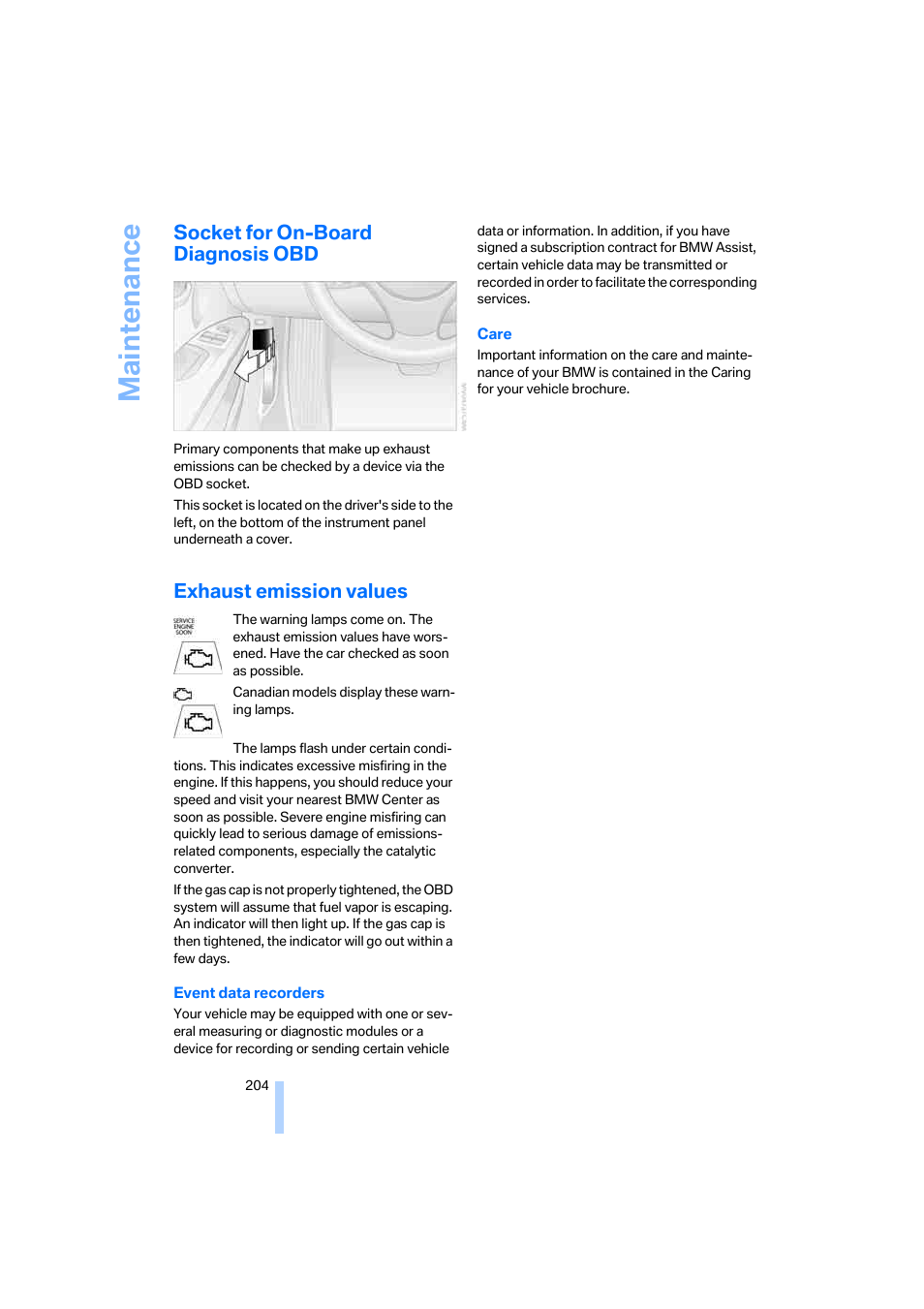 Socket for on-board diagnosis obd, Exhaust emission values, Maintenance | BMW 325xi Sedan 2006 User Manual | Page 206 / 245