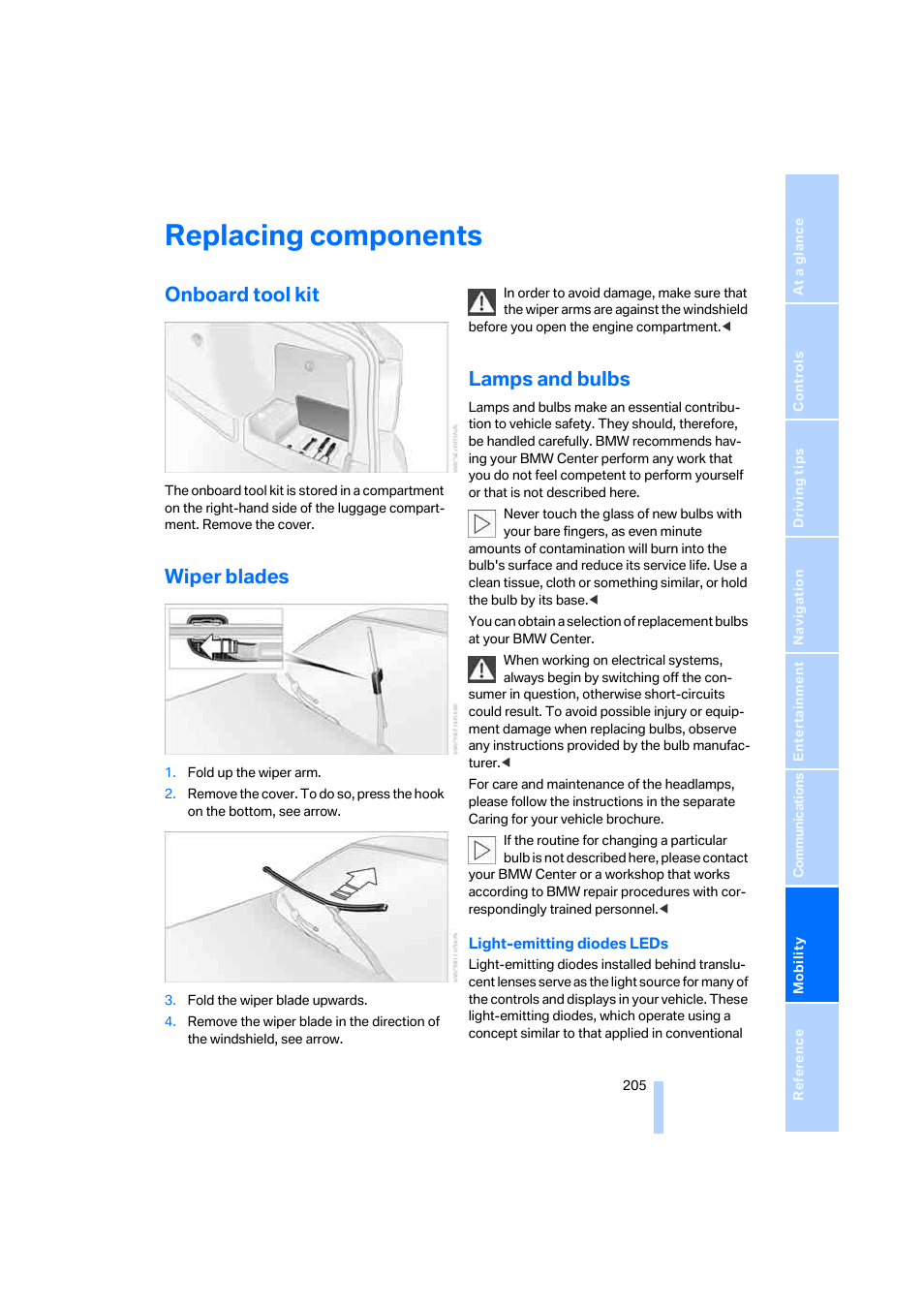 Replacing components, Onboard tool kit, Wiper blades | Lamps and bulbs, Into | BMW 325xi Sedan 2006 User Manual | Page 207 / 245