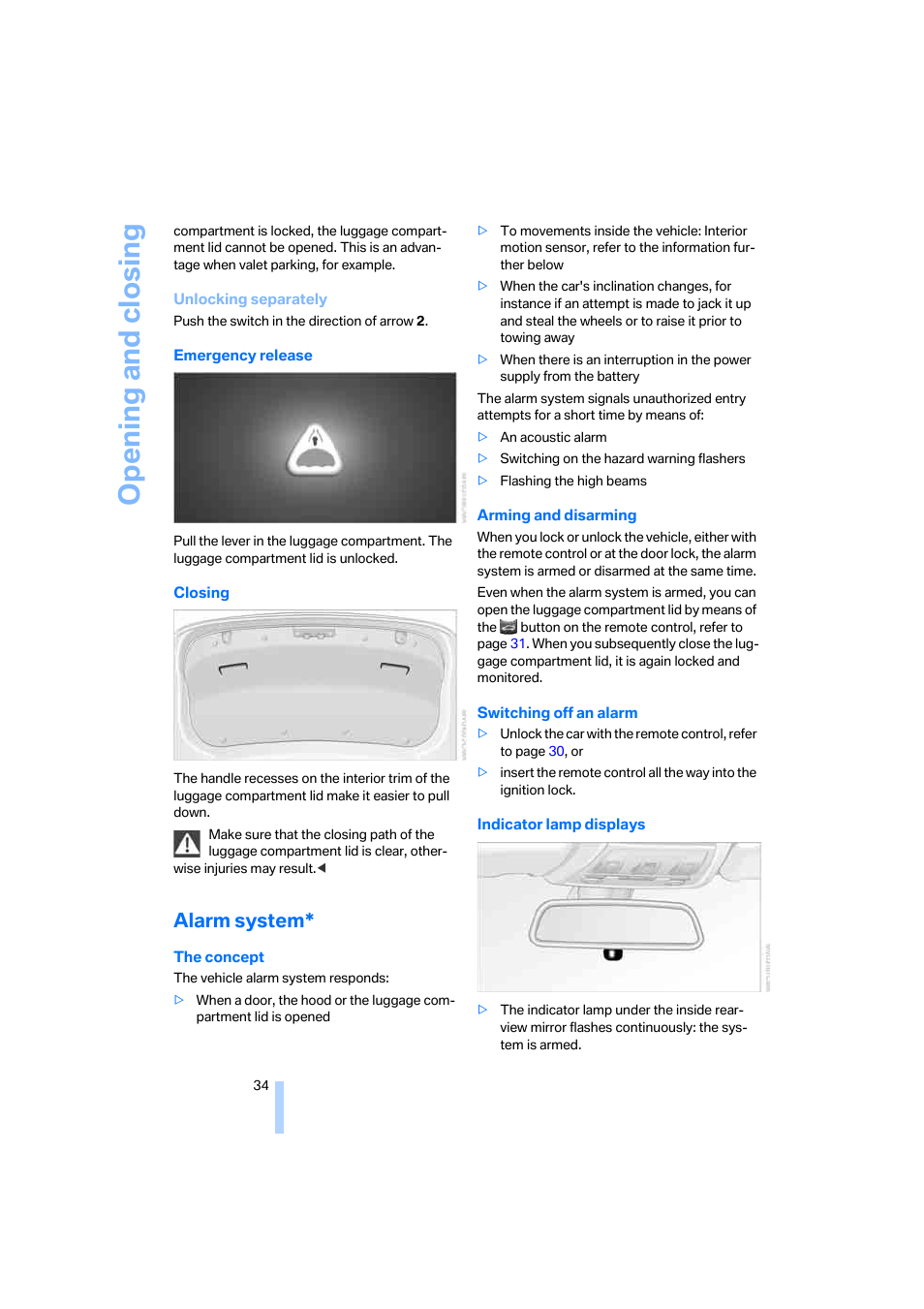 Alarm system, Switching off an alarm, refer t, Opening and closing | BMW 325xi Sedan 2006 User Manual | Page 36 / 245