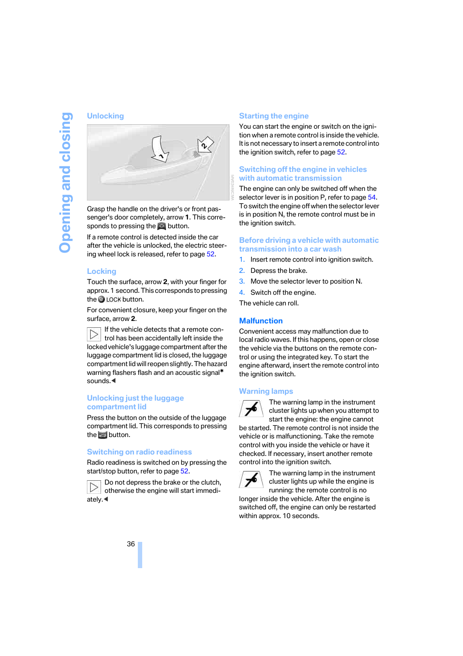 Opening and closing | BMW 325xi Sedan 2006 User Manual | Page 38 / 245