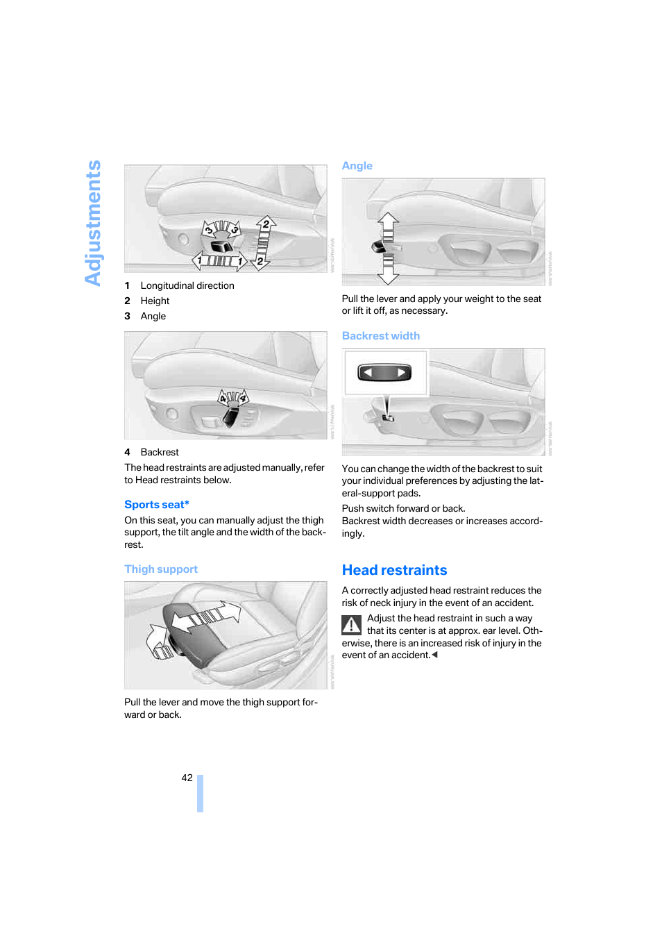 Head restraints, Adjustments | BMW 325xi Sedan 2006 User Manual | Page 44 / 245