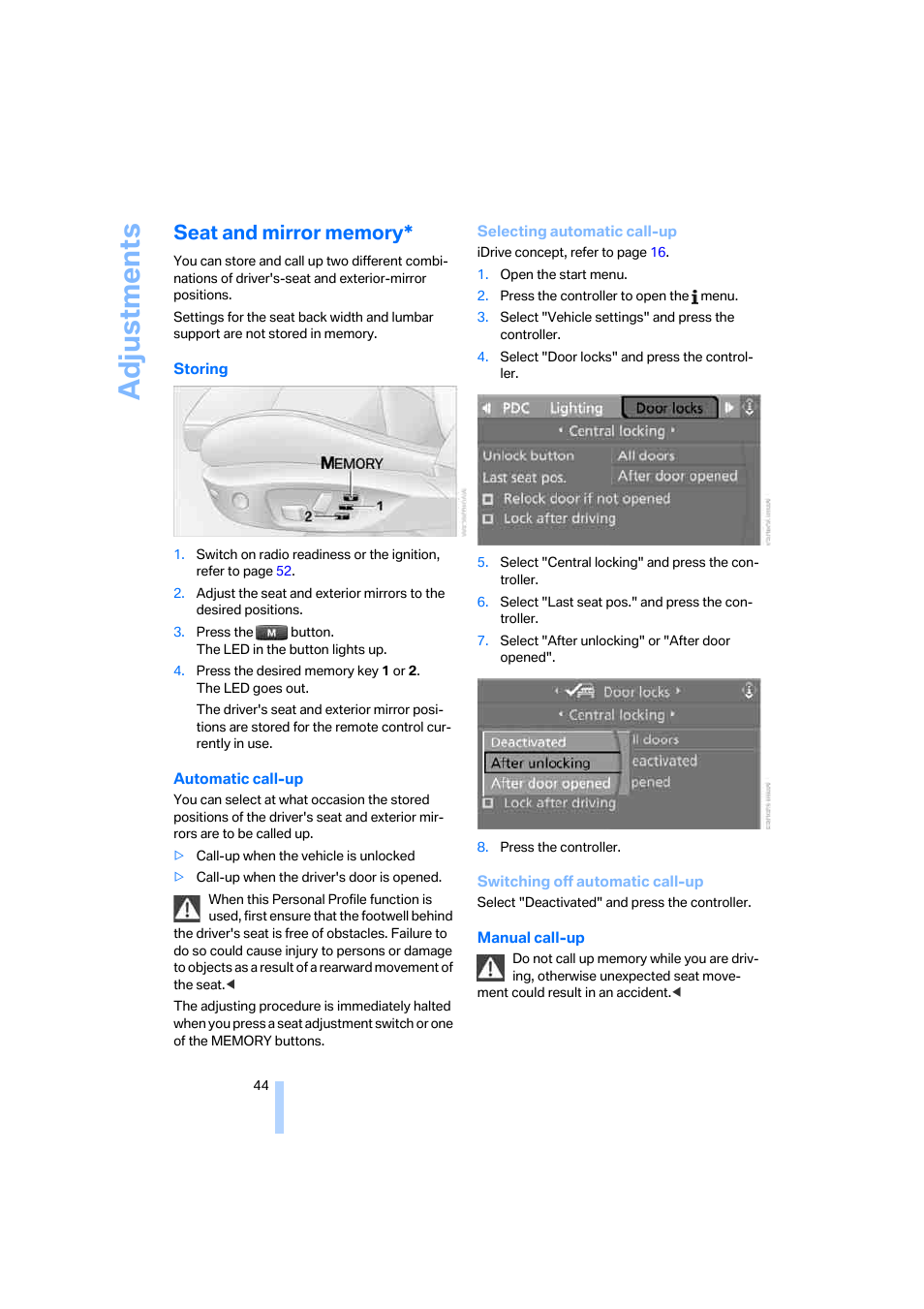 Seat and mirror memory, Adjustments | BMW 325xi Sedan 2006 User Manual | Page 46 / 245