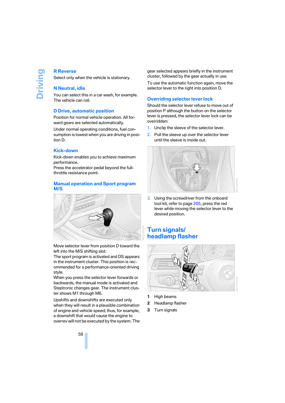 Turn signals/ headlamp flasher, Driving | BMW 325xi Sedan 2006 User Manual | Page 60 / 245