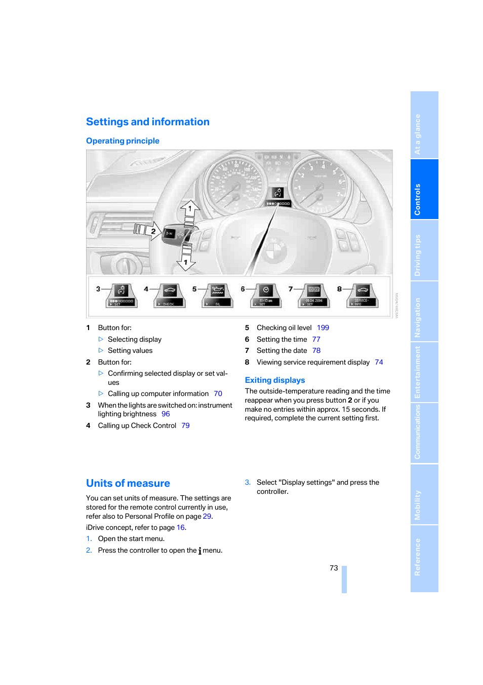 Settings and information, Units of measure | BMW 325xi Sedan 2006 User Manual | Page 75 / 245