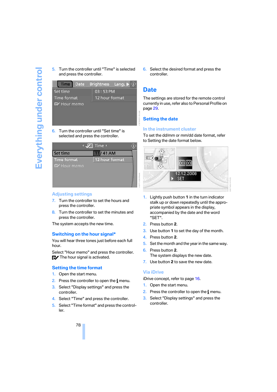 Date, Everything under control | BMW 325xi Sedan 2006 User Manual | Page 80 / 245