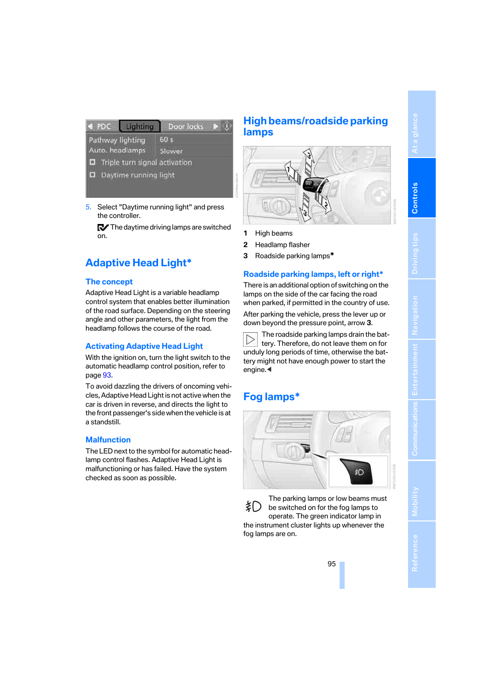 Adaptive head light, High beams/roadside parking lamps, Fog lamps | BMW 325xi Sedan 2006 User Manual | Page 97 / 245