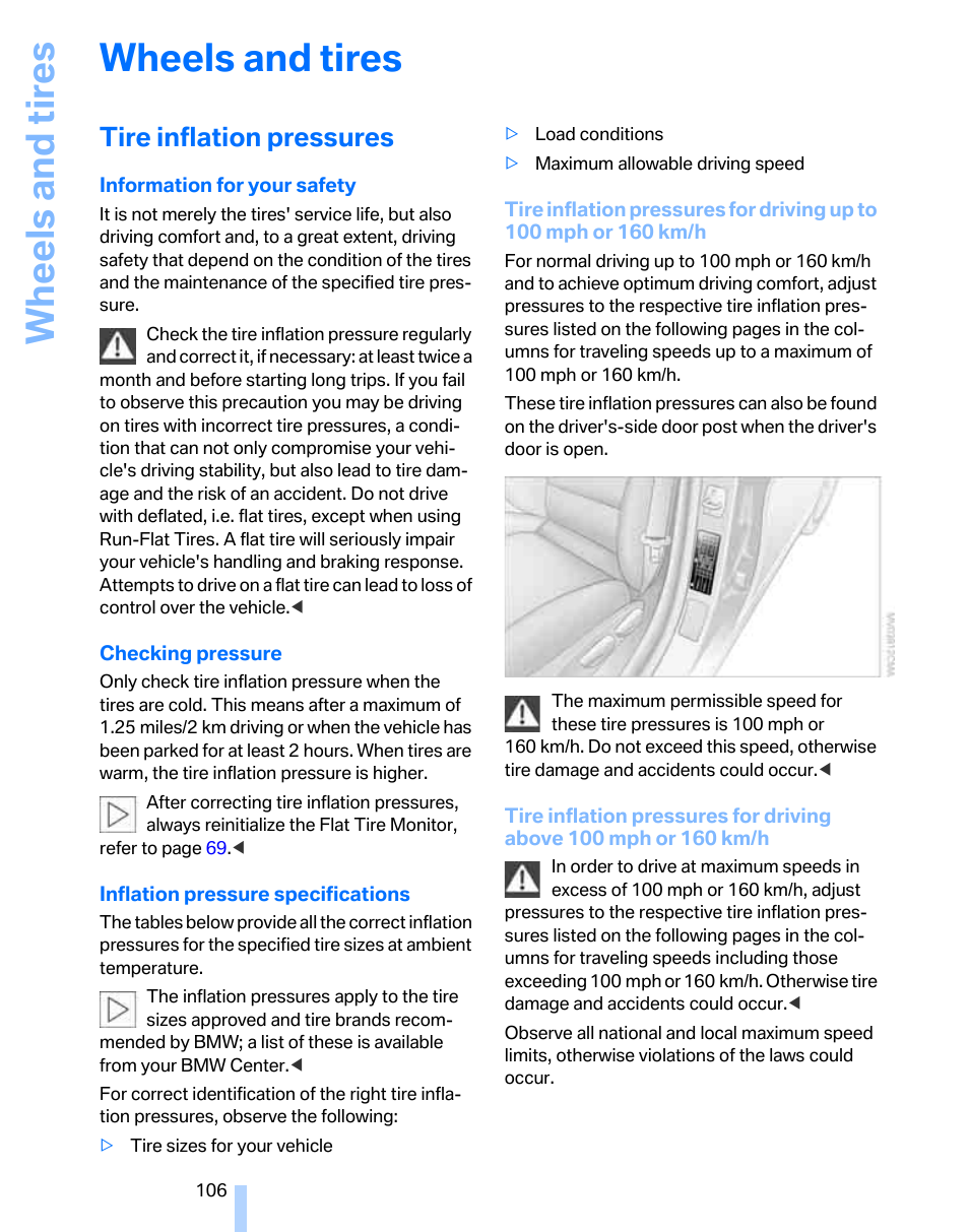Wheels and tires, Tire inflation pressures | BMW 325xi Sports Wagon 2006 User Manual | Page 108 / 160
