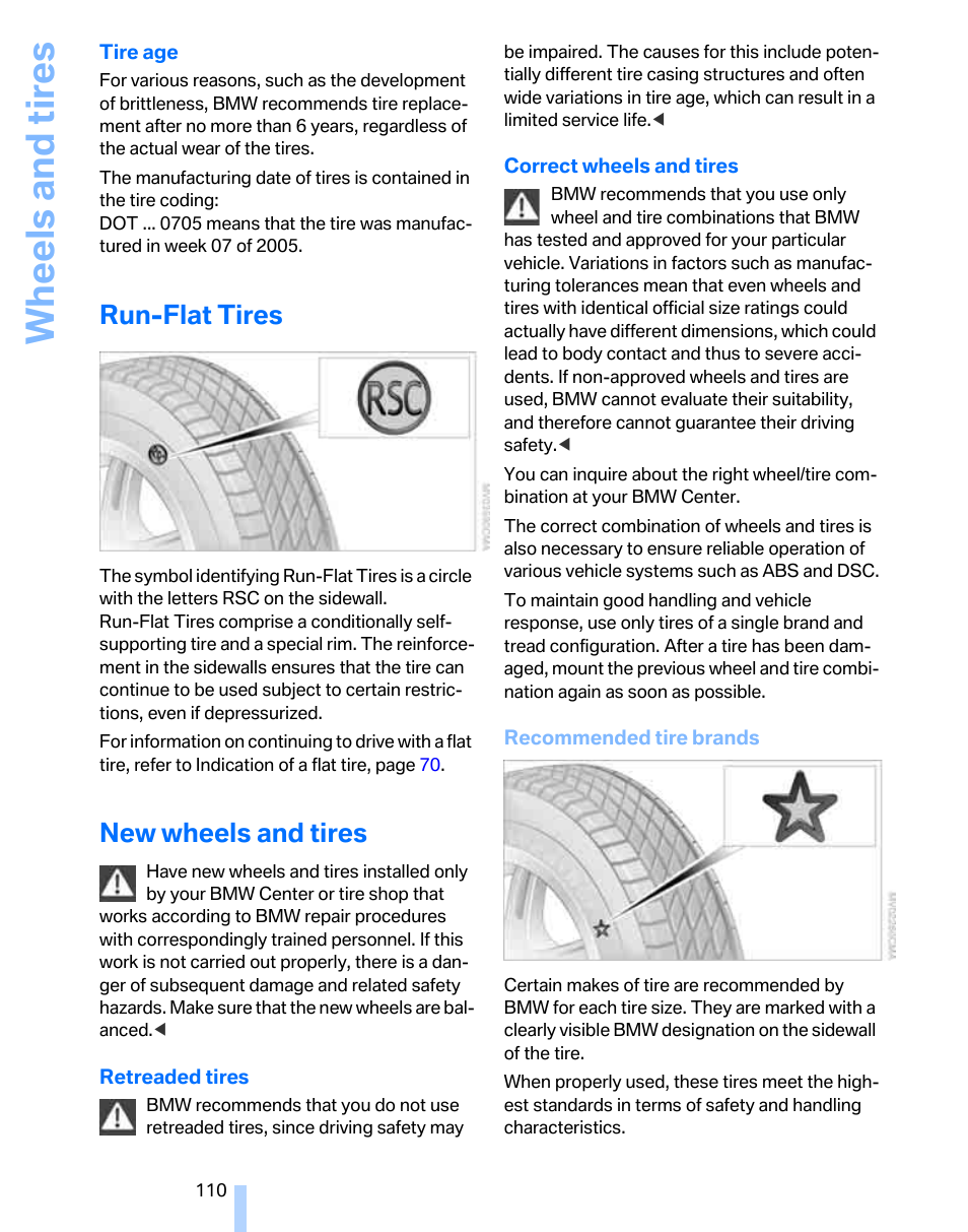 Run-flat tires, New wheels and tires, Wheels and tires | BMW 325xi Sports Wagon 2006 User Manual | Page 112 / 160