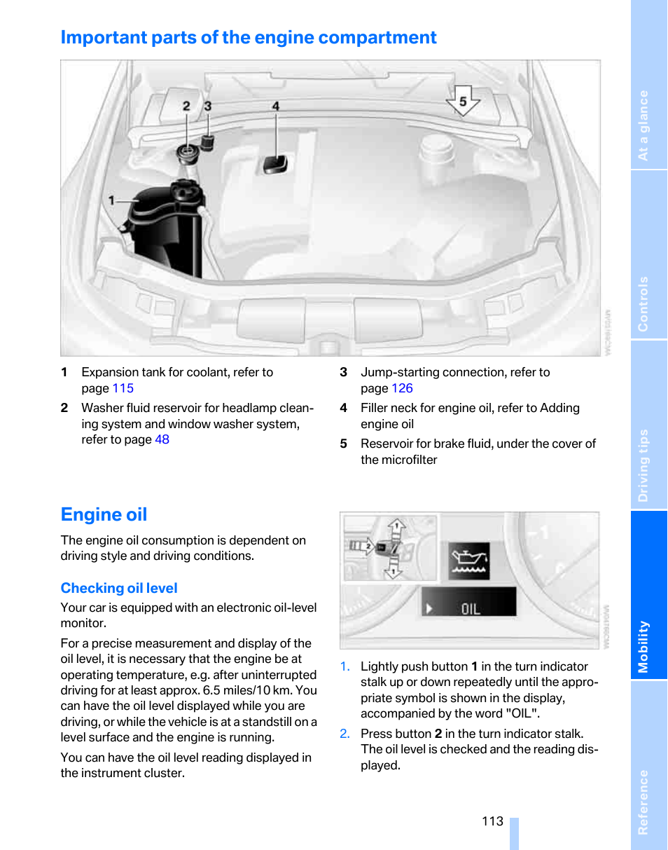 Important parts of the engine compartment, Engine oil | BMW 325xi Sports Wagon 2006 User Manual | Page 115 / 160