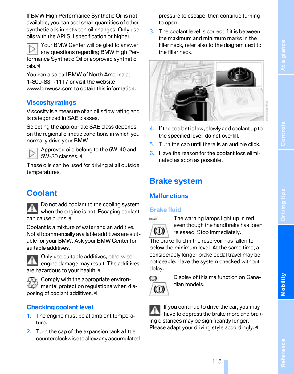 Coolant, Brake system | BMW 325xi Sports Wagon 2006 User Manual | Page 117 / 160