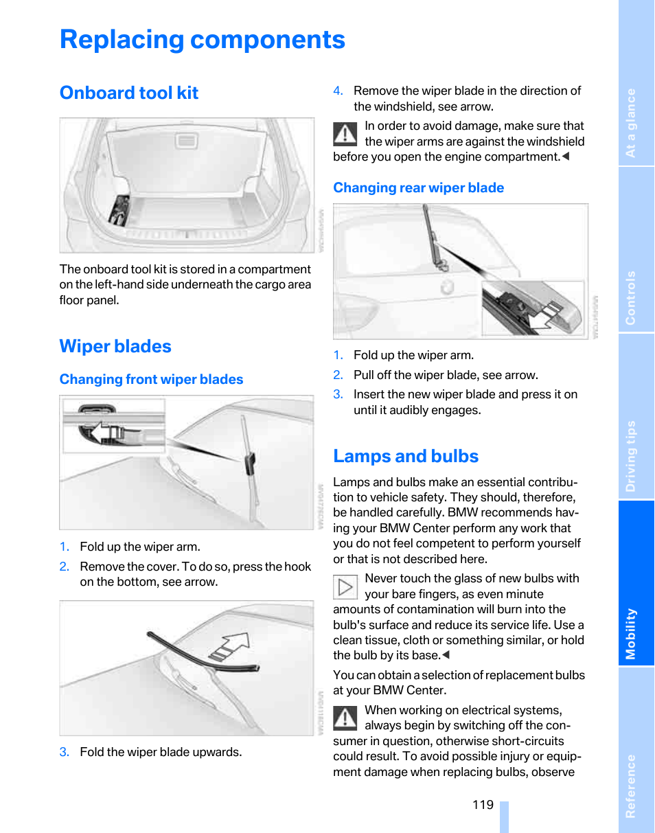 Replacing components, Onboard tool kit, Wiper blades | Lamps and bulbs, Press the red | BMW 325xi Sports Wagon 2006 User Manual | Page 121 / 160