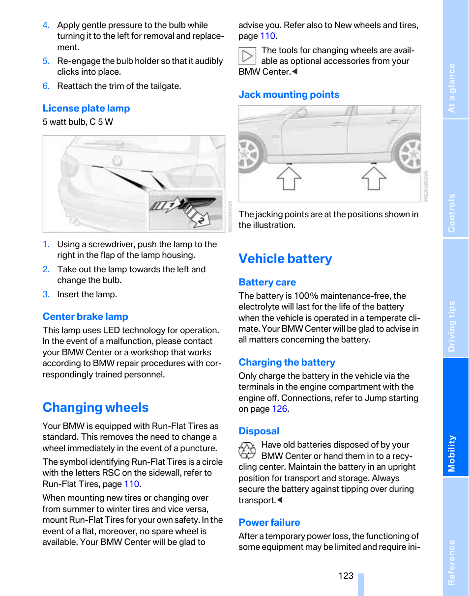 Changing wheels, Vehicle battery | BMW 325xi Sports Wagon 2006 User Manual | Page 125 / 160