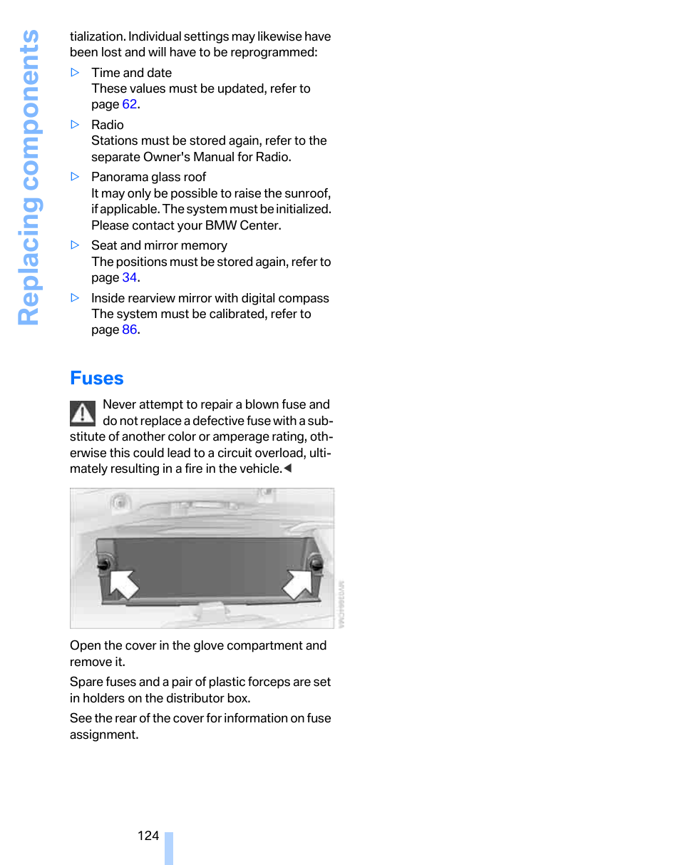 Fuses, Replacing components | BMW 325xi Sports Wagon 2006 User Manual | Page 126 / 160