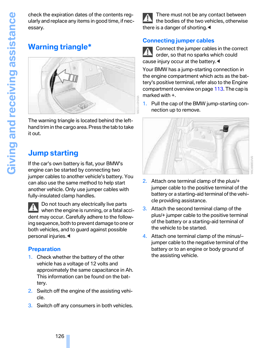 Warning triangle, Jump starting, To jump starting | Giving and receiving assistance | BMW 325xi Sports Wagon 2006 User Manual | Page 128 / 160