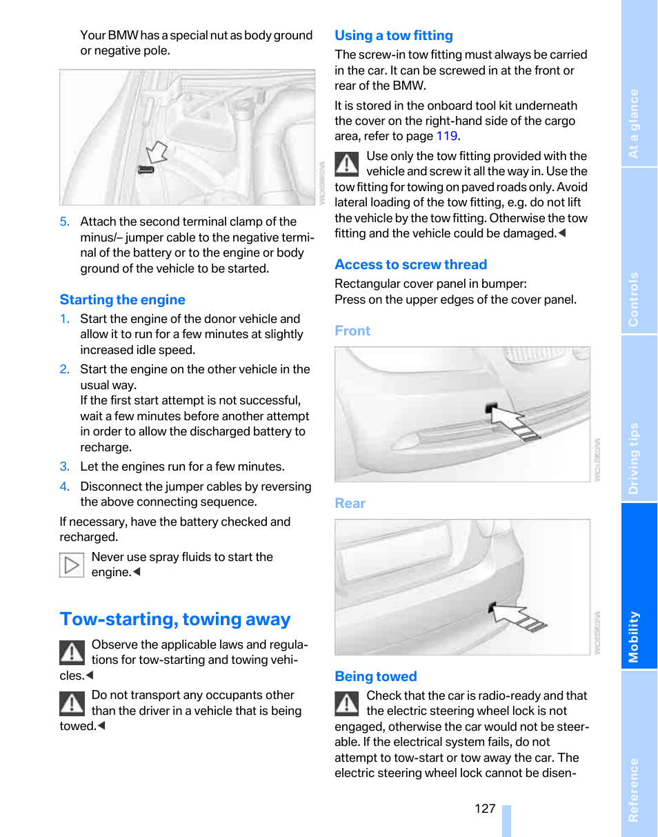 Tow-starting, towing away | BMW 325xi Sports Wagon 2006 User Manual | Page 129 / 160