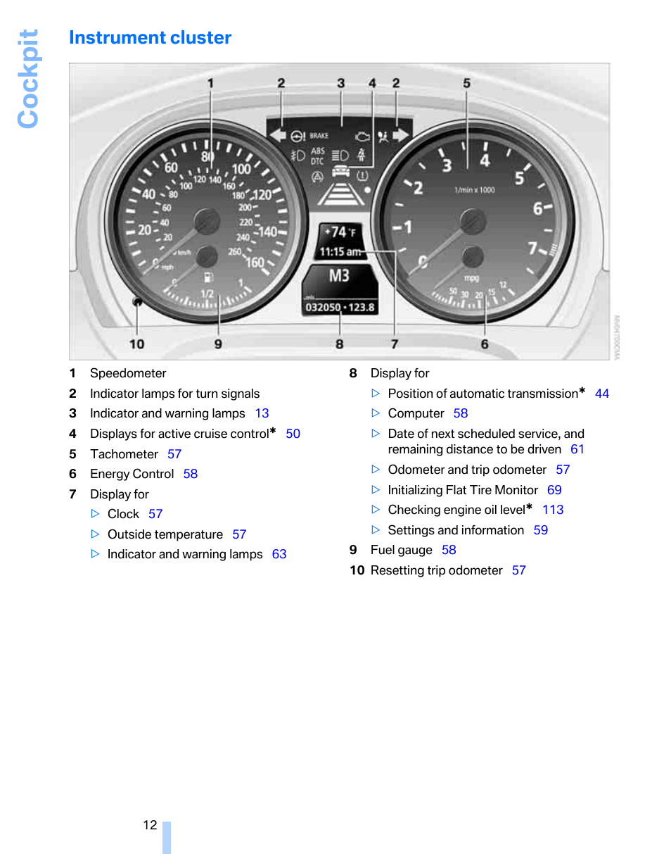 Instrument cluster, Cockpit | BMW 325xi Sports Wagon 2006 User Manual | Page 14 / 160