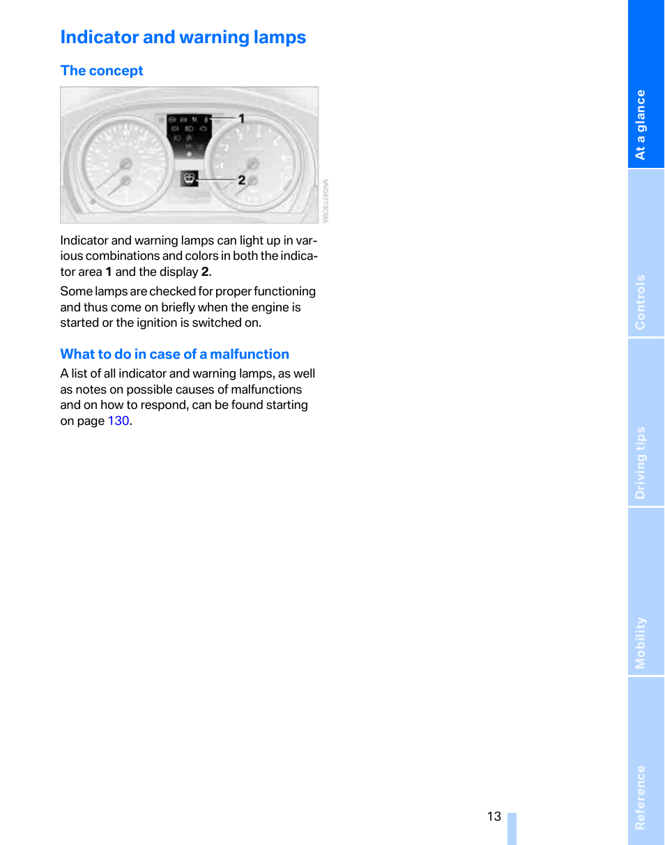 Indicator and warning lamps, Tor and warning lamps | BMW 325xi Sports Wagon 2006 User Manual | Page 15 / 160