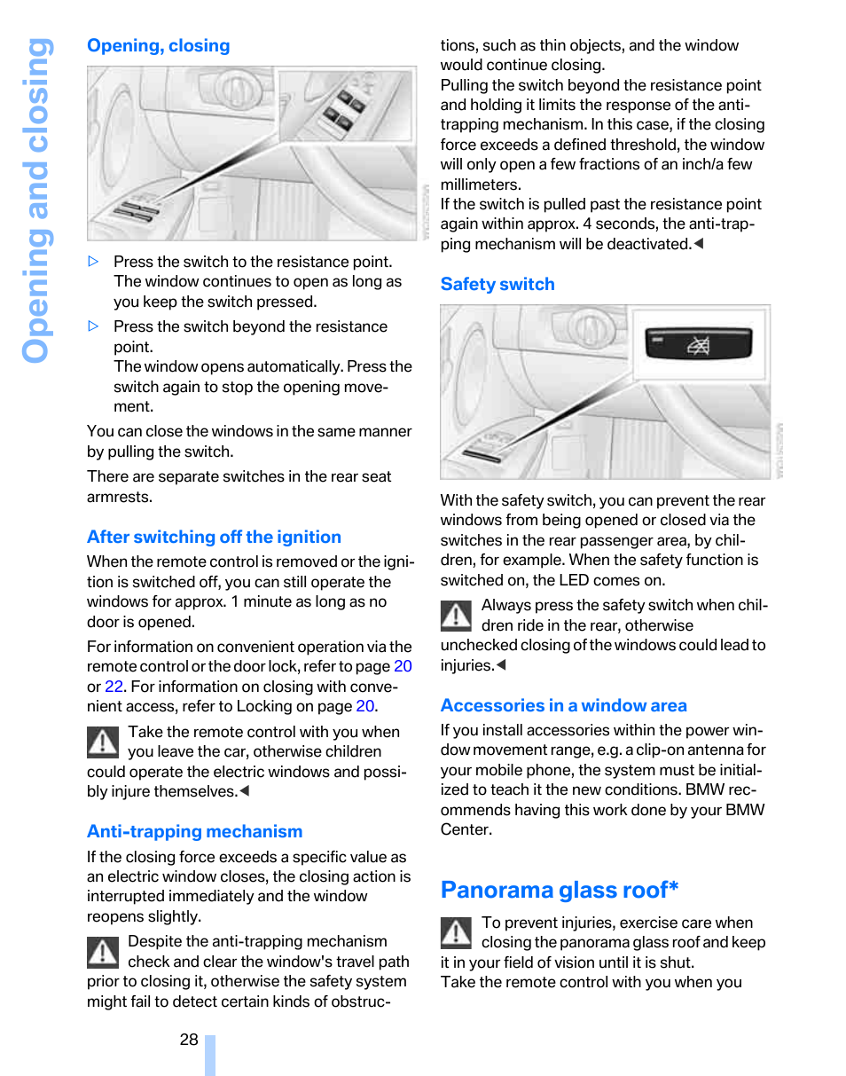 Panorama glass roof, Opening and closing | BMW 325xi Sports Wagon 2006 User Manual | Page 30 / 160