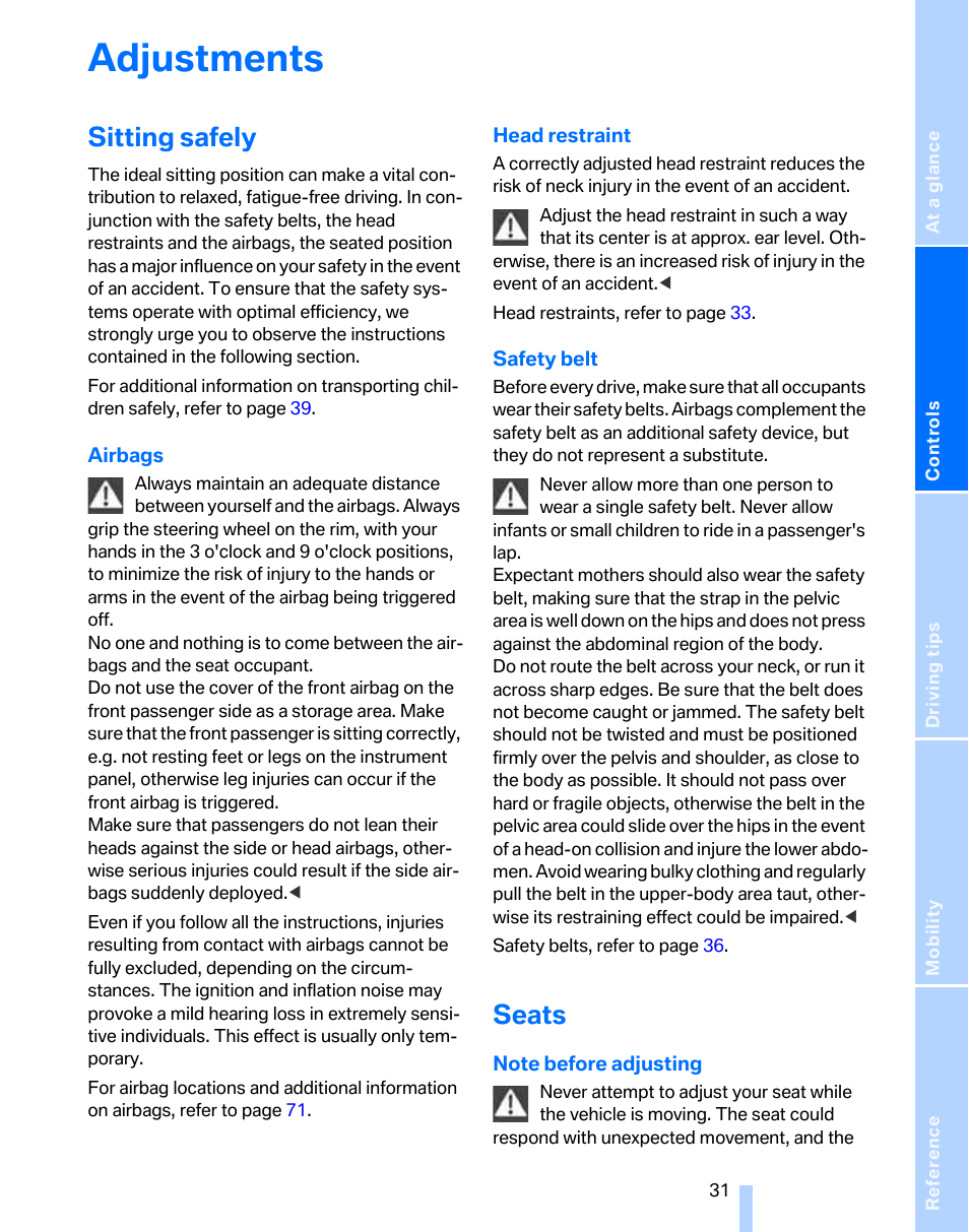 Adjustments, Sitting safely, Seats | BMW 325xi Sports Wagon 2006 User Manual | Page 33 / 160