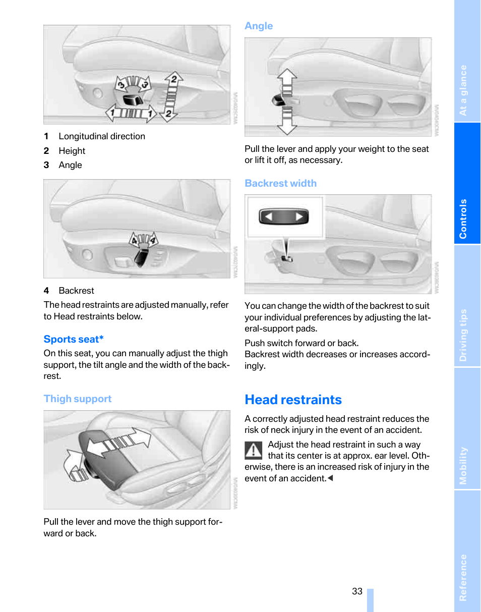 Head restraints, And on damaged safe | BMW 325xi Sports Wagon 2006 User Manual | Page 35 / 160