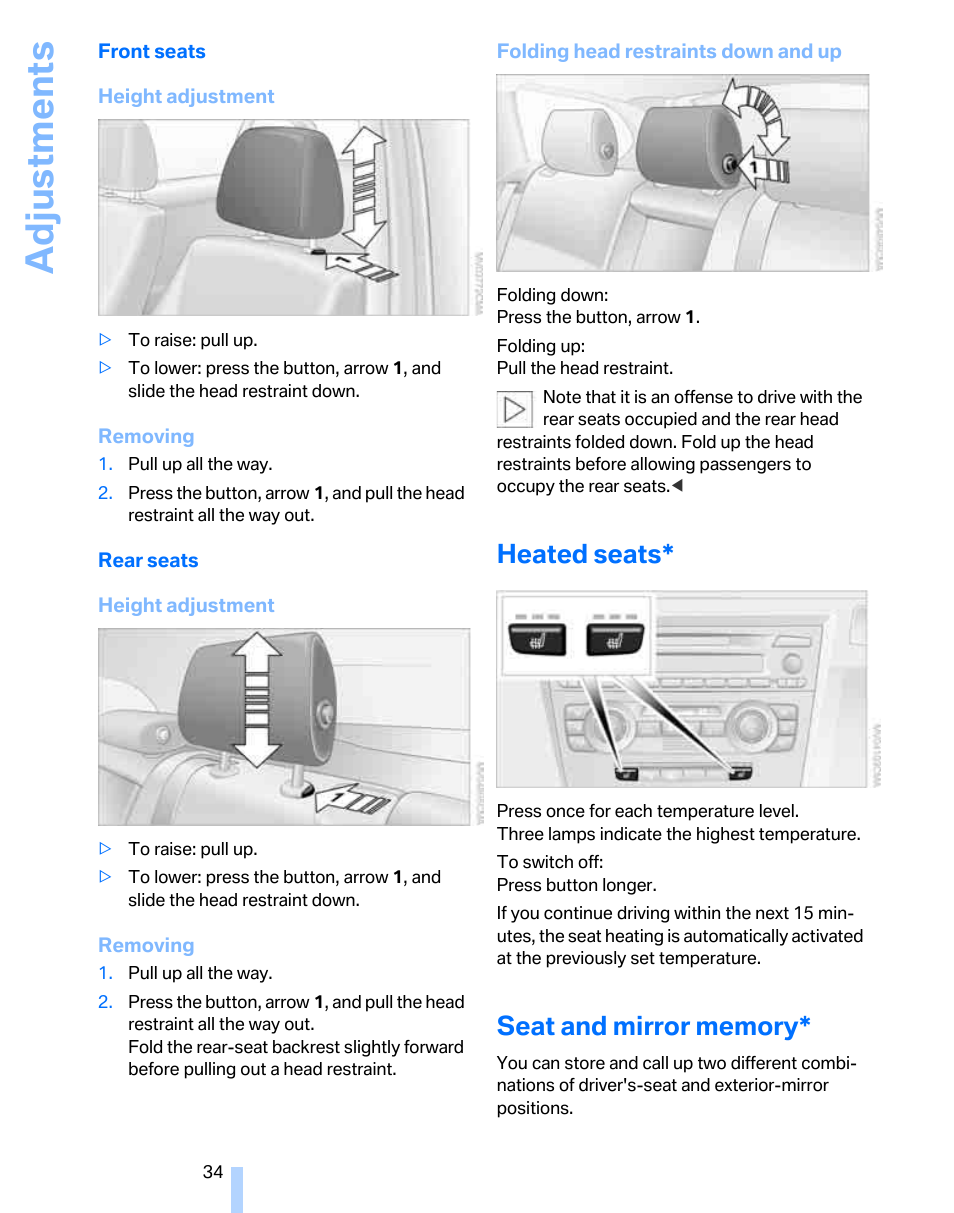 Heated seats, Seat and mirror memory, Adjustments | BMW 325xi Sports Wagon 2006 User Manual | Page 36 / 160