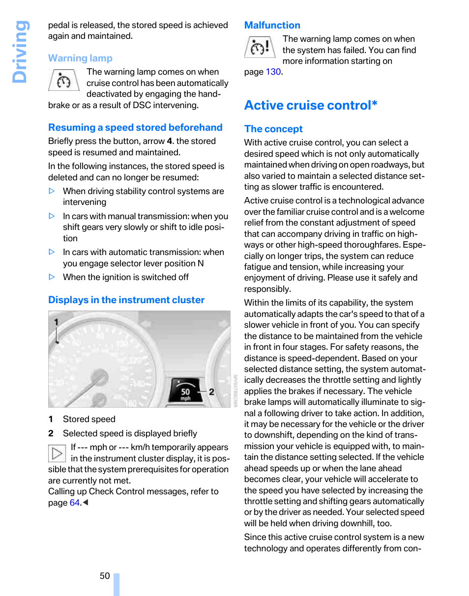 Active cruise control, Driving | BMW 325xi Sports Wagon 2006 User Manual | Page 52 / 160